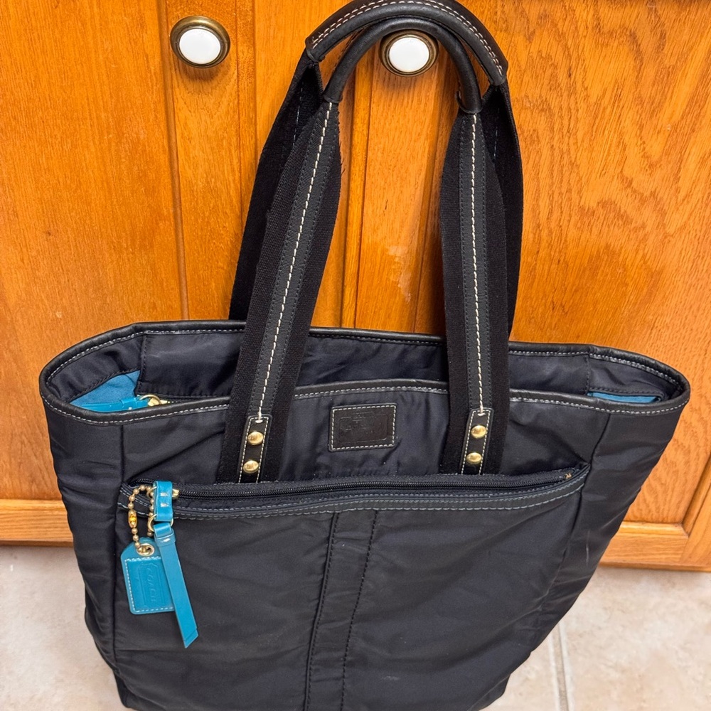 Coach Black Hampton Nylon Tote with Teal Accents - Picture 3 of 16